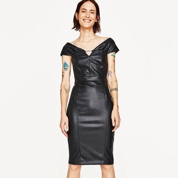 Zara Dresses & Skirts - Zara Off the Shoulder Faux Leather Dress